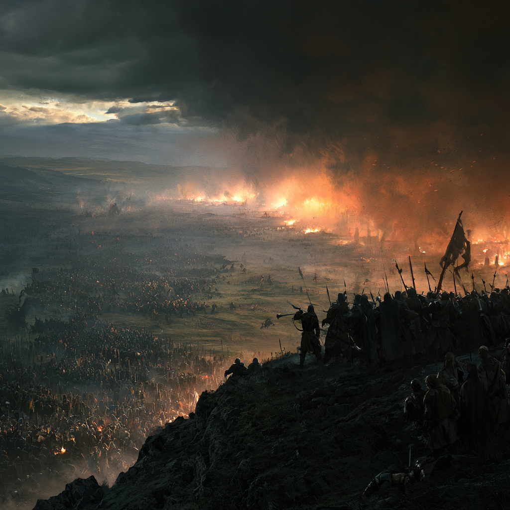 The human armies of Arcasia with blond warriors and blue-green eyes facing the burning battlefield