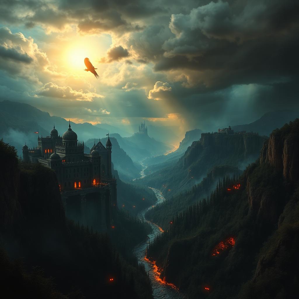 The world of Arcasia — a besieged cliffside kingdom above a river of embers, with glowing eyes lurking in the dark forests below storm clouds